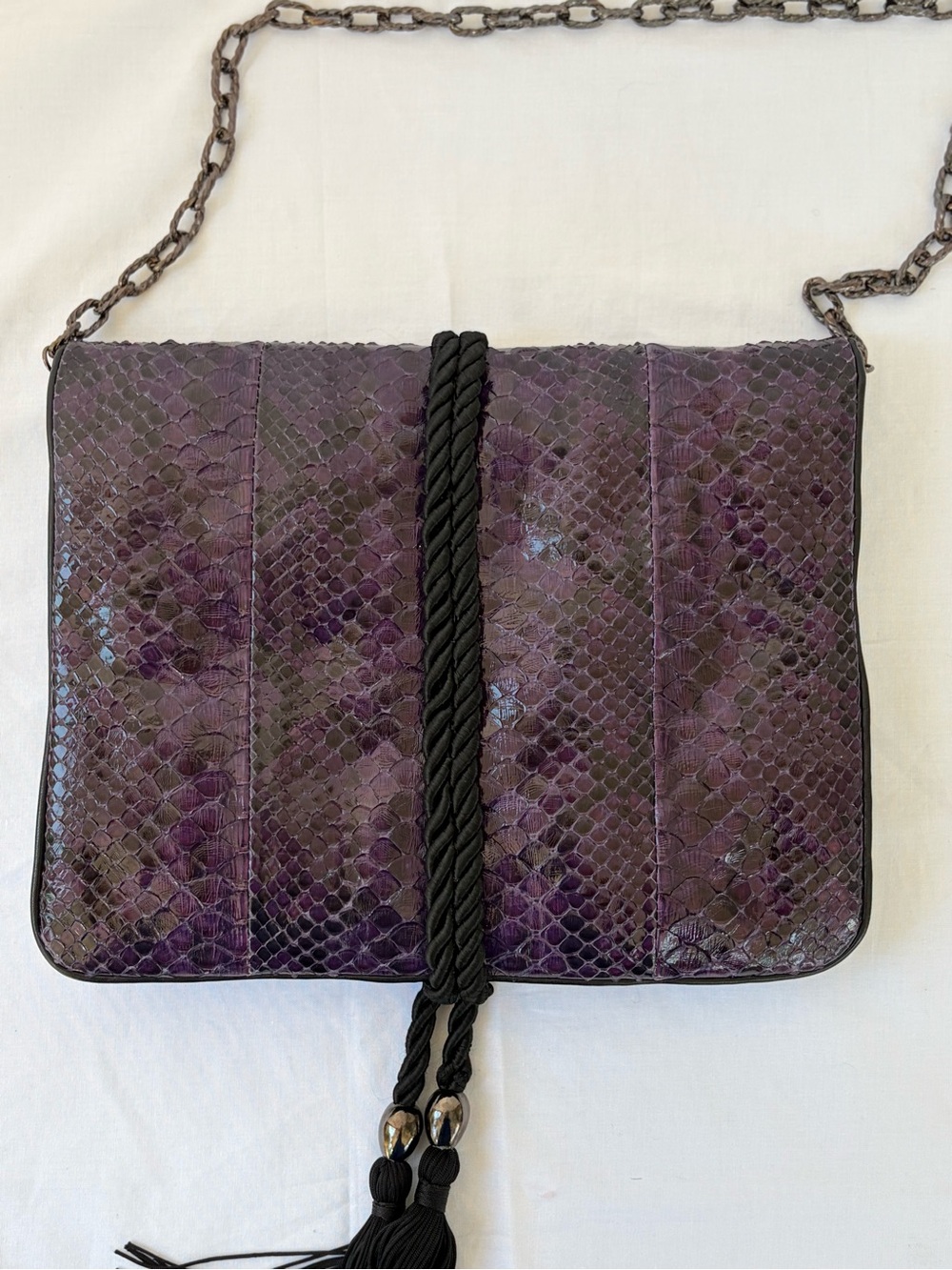 Clara Kasavina Purple Snakeskin Python Flap Shoulder Bag Clutch Tassel